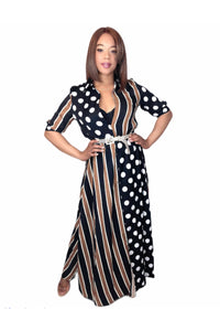 Polka Dot & Stripes Collared Split Maxi Dress